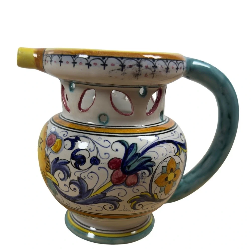 P.V. Italy Majolica Puzzle Jug Drink If You Can Hand Painted Ceramic Pitcher
